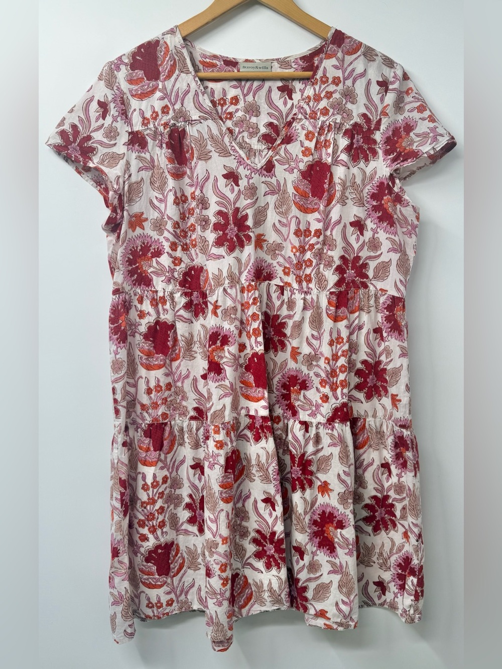 Fitzroy & Willa Mini Dress Pink Tiered LG Short Sleeve Floral Cotton Beachy